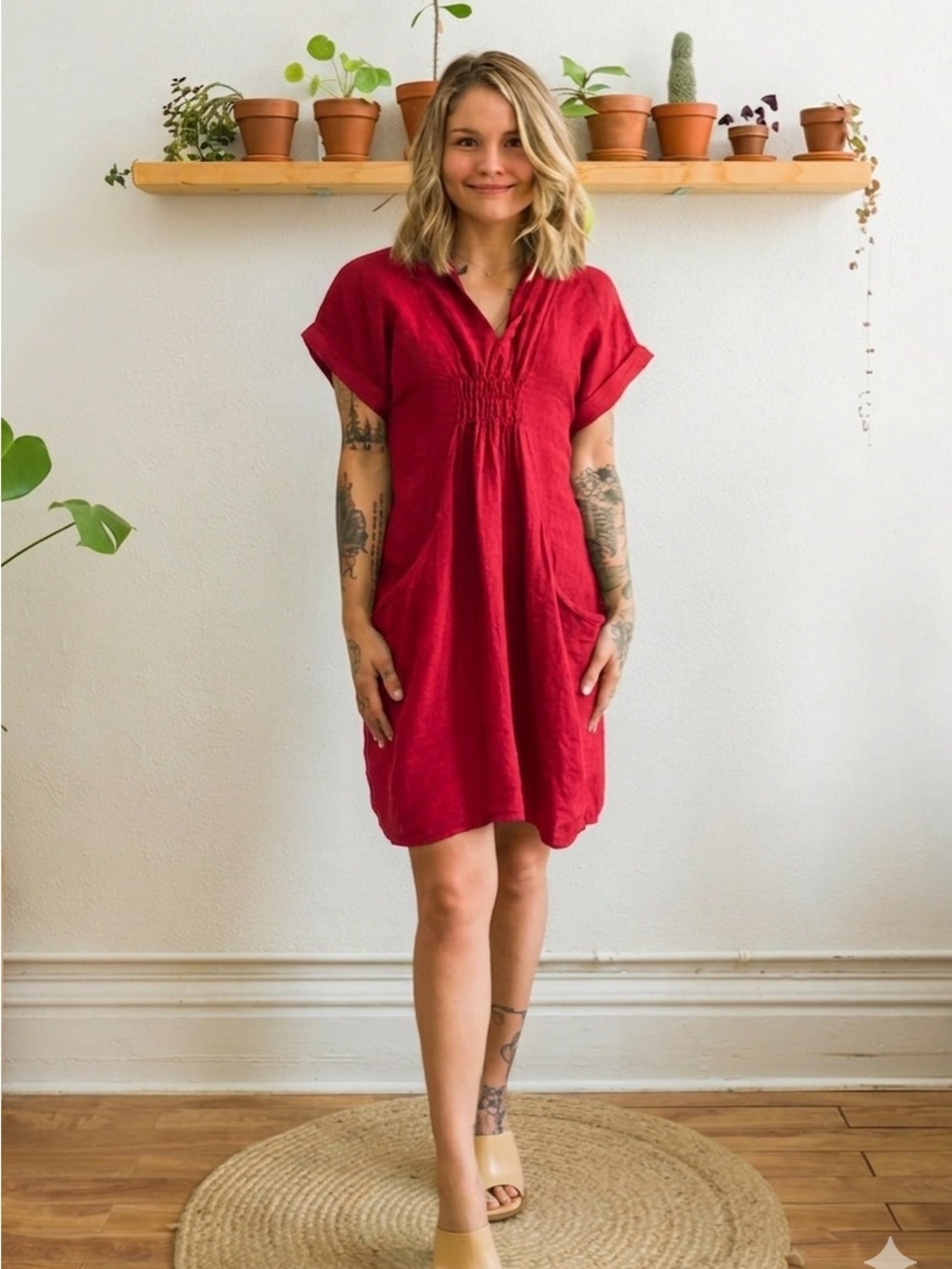 Italian linen cocoon dress chilli red OS